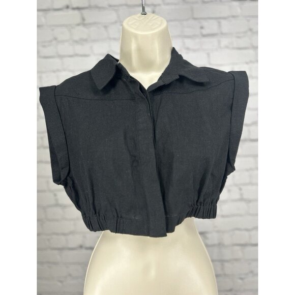 7 For All Mankind Black Cropped Elastic Waist Button Up Collared Top Size XS - Picture 1 of 7
